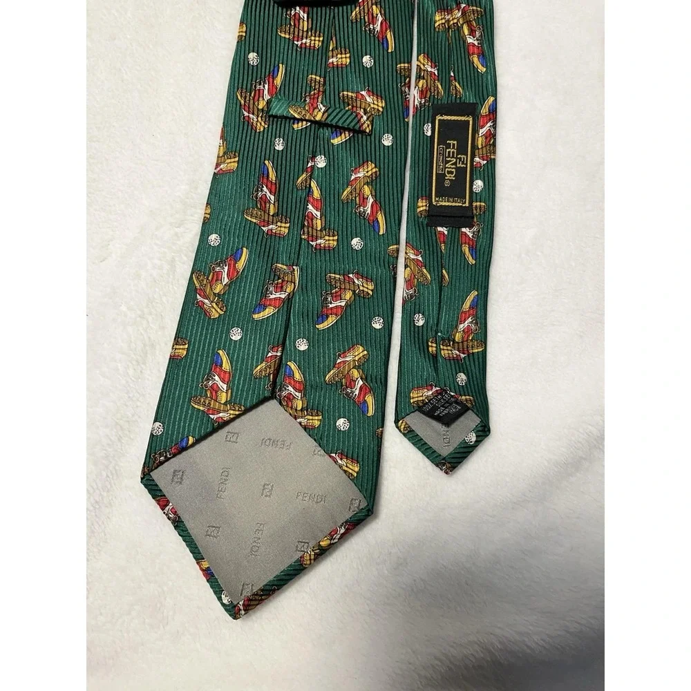 Fendi Cravatte Mens Green 100% Silk Golf Shoes Pattern Italian Designer Neck Tie